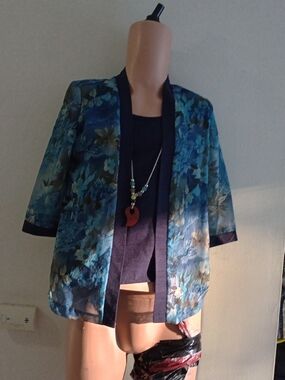 chiffon floral blue blazer jacket styled as a 2-in-1 set. by Sarah b studio 6